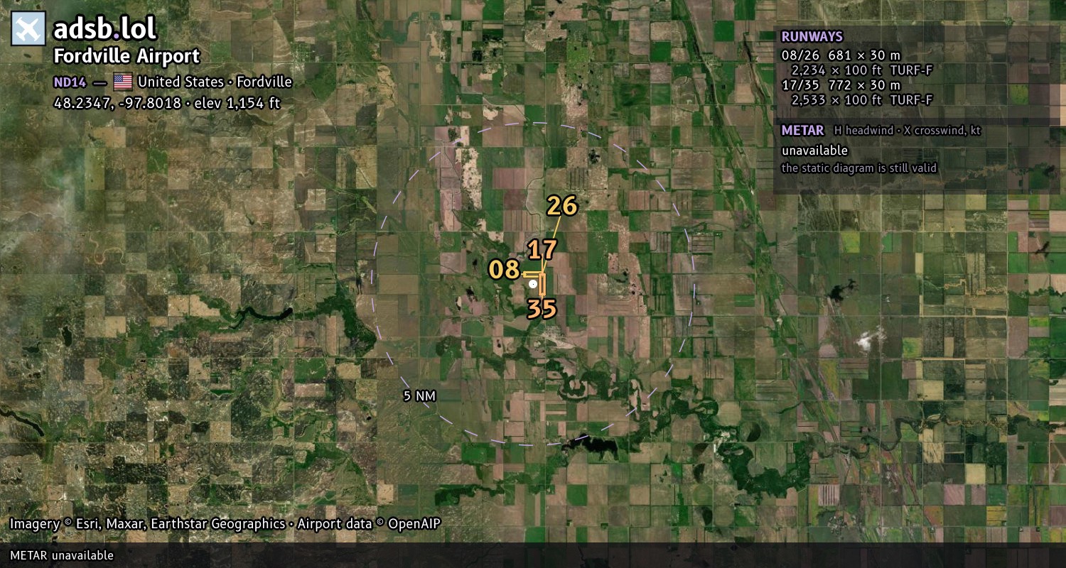 Satellite map with the runway layout of Fordville Airport (ND14)