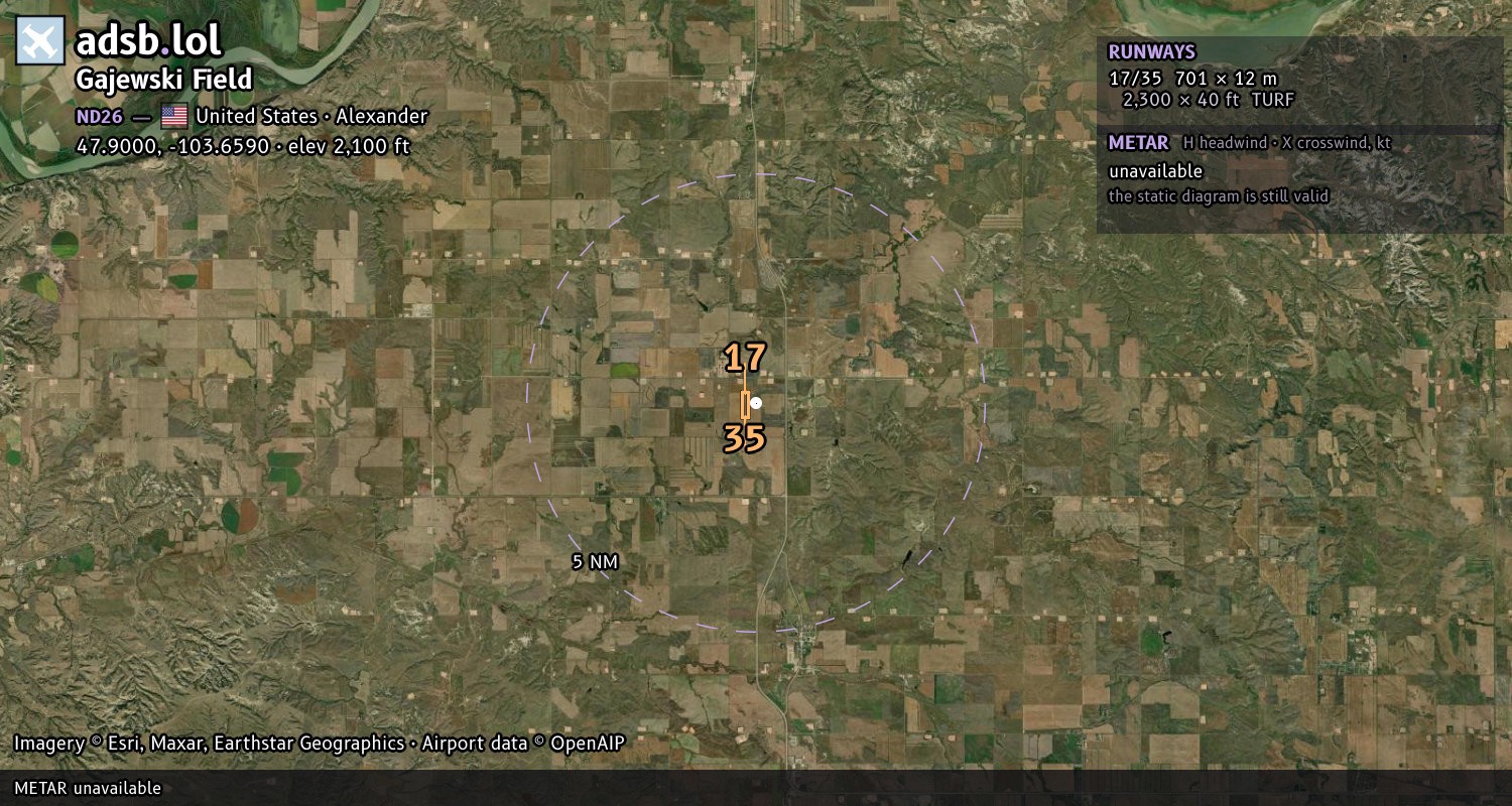 Satellite map with the runway layout of Gajewski Field (ND26)