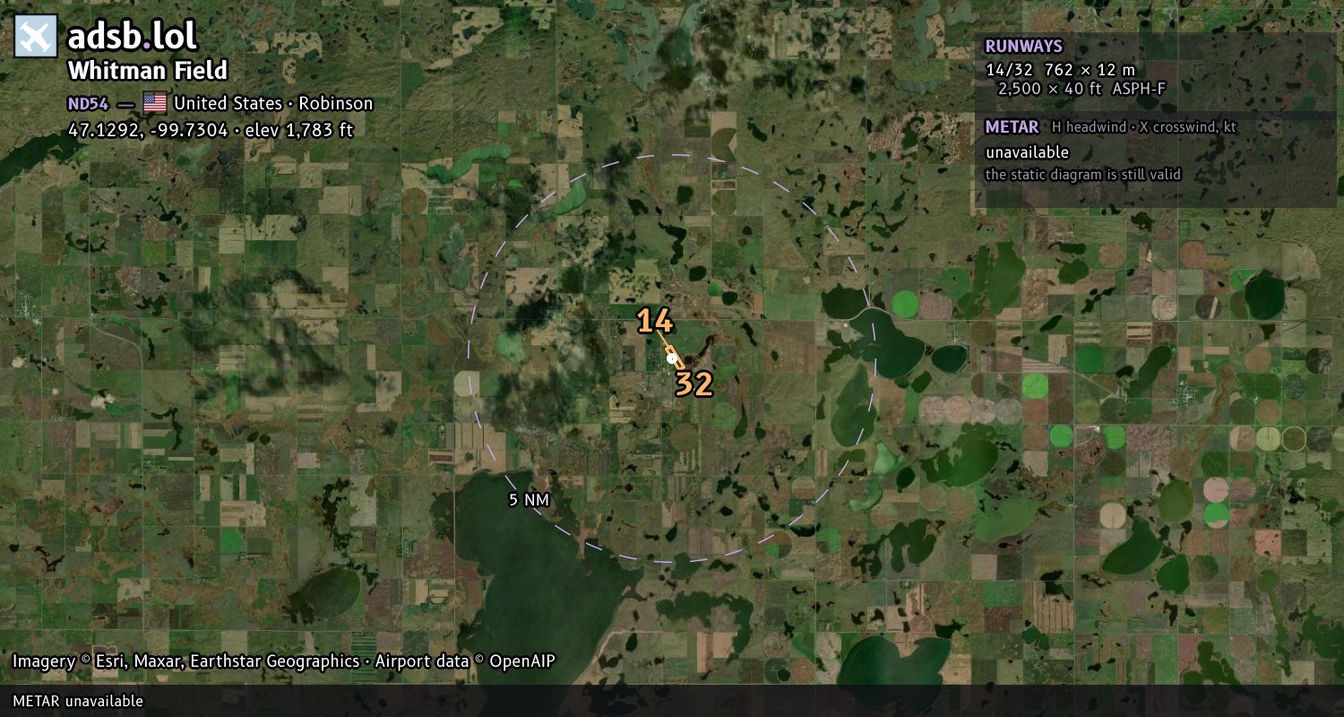 Satellite map with the runway layout of Whitman Field (ND54)