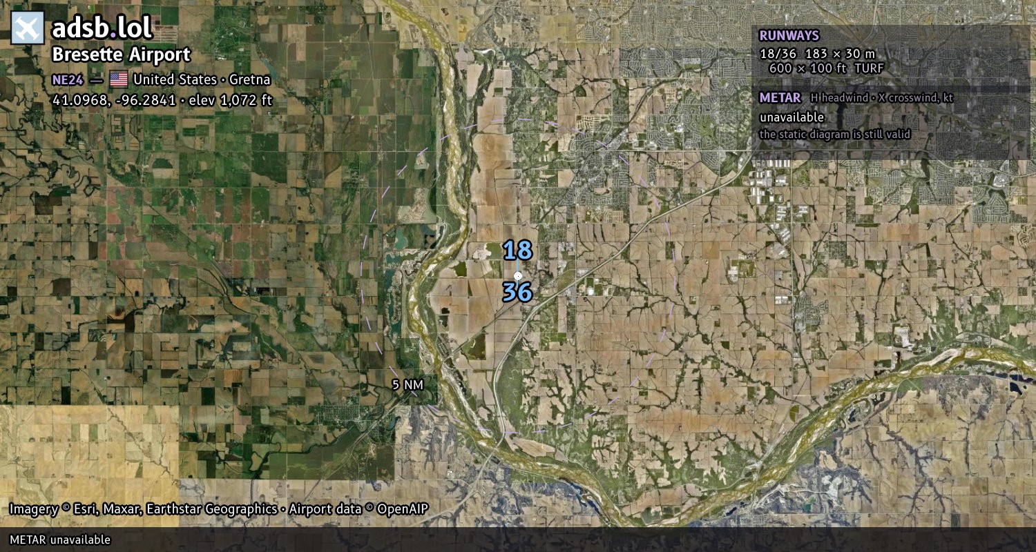 Satellite map with the runway layout of Bresette Airport (NE24)