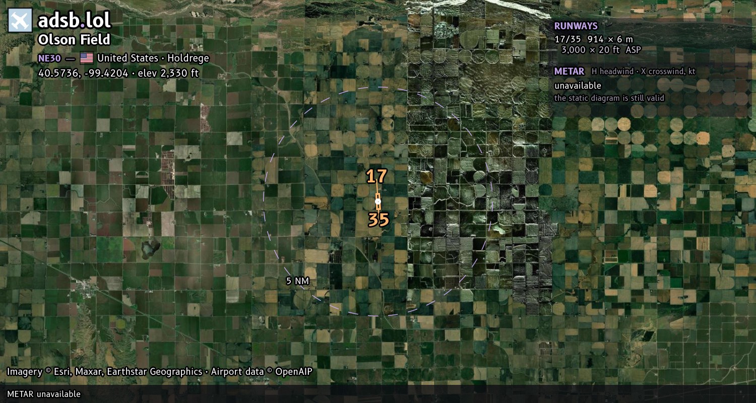 Satellite map with the runway layout of Olson Field (NE30)