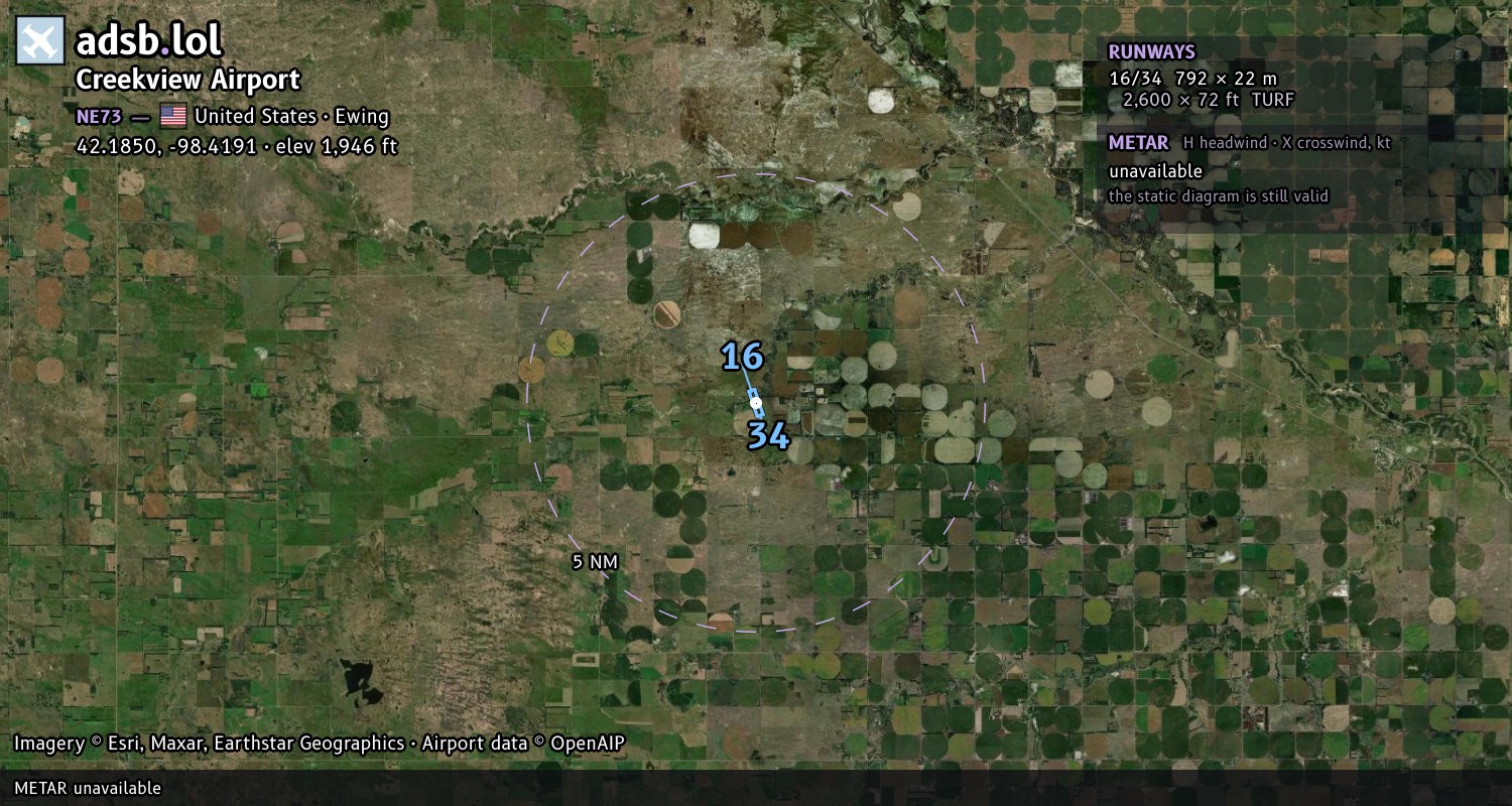 Satellite map with the runway layout of Creekview Airport (NE73)
