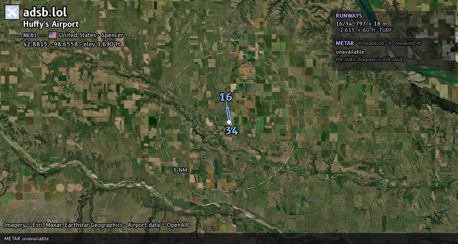 Satellite map with the runway layout of Huffy's Airport (NE81)