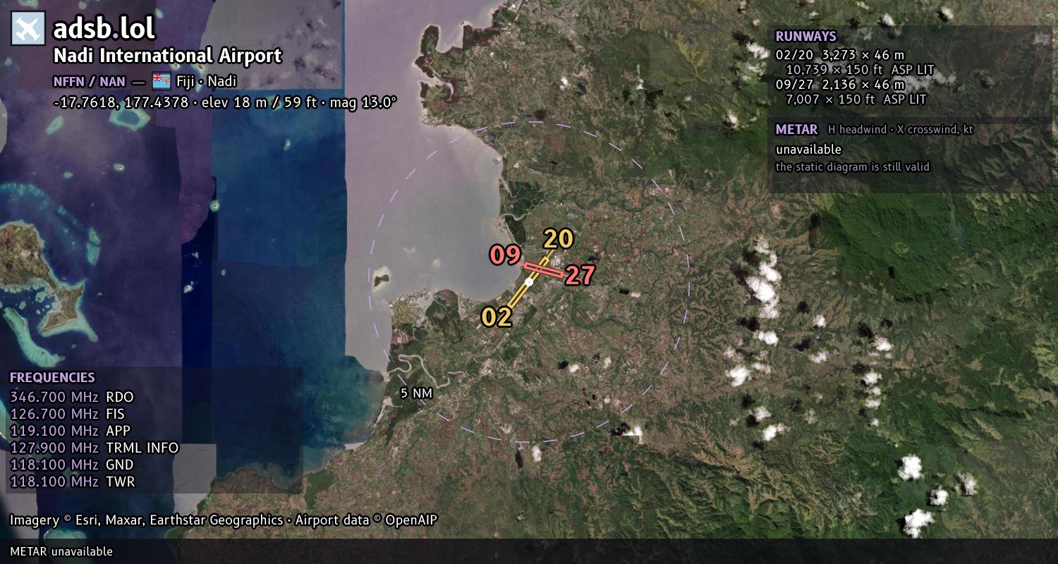 Satellite map with the runway layout of Nadi International Airport (NFFN)