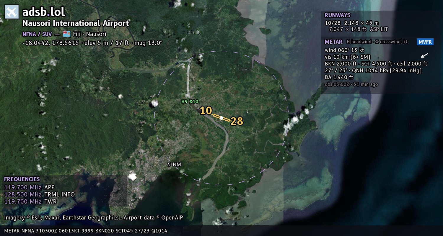 Satellite map with the runway layout of Nausori International Airport (NFNA)