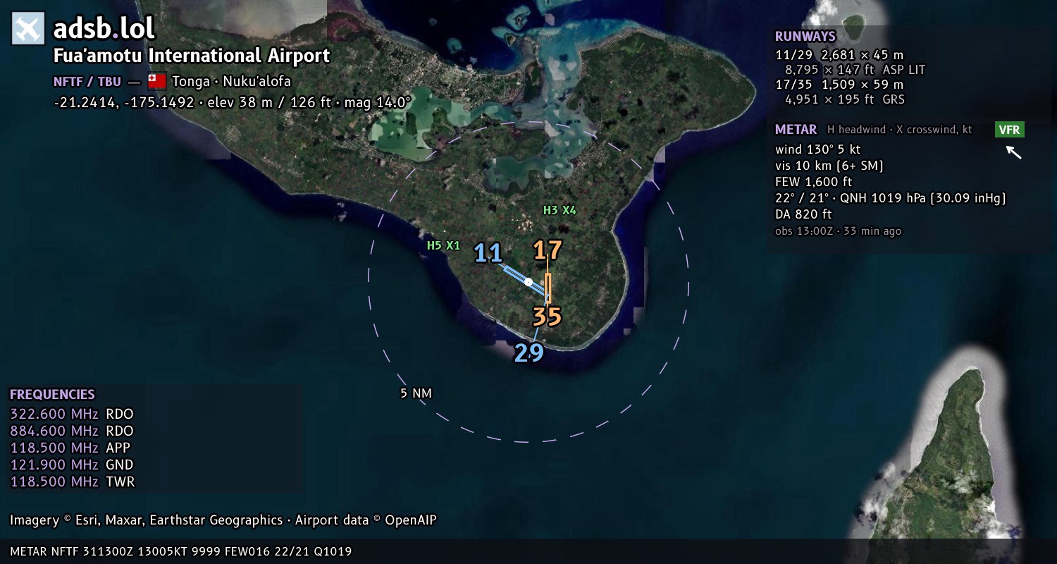 Satellite map with the runway layout of Fua'amotu International Airport (NFTF)