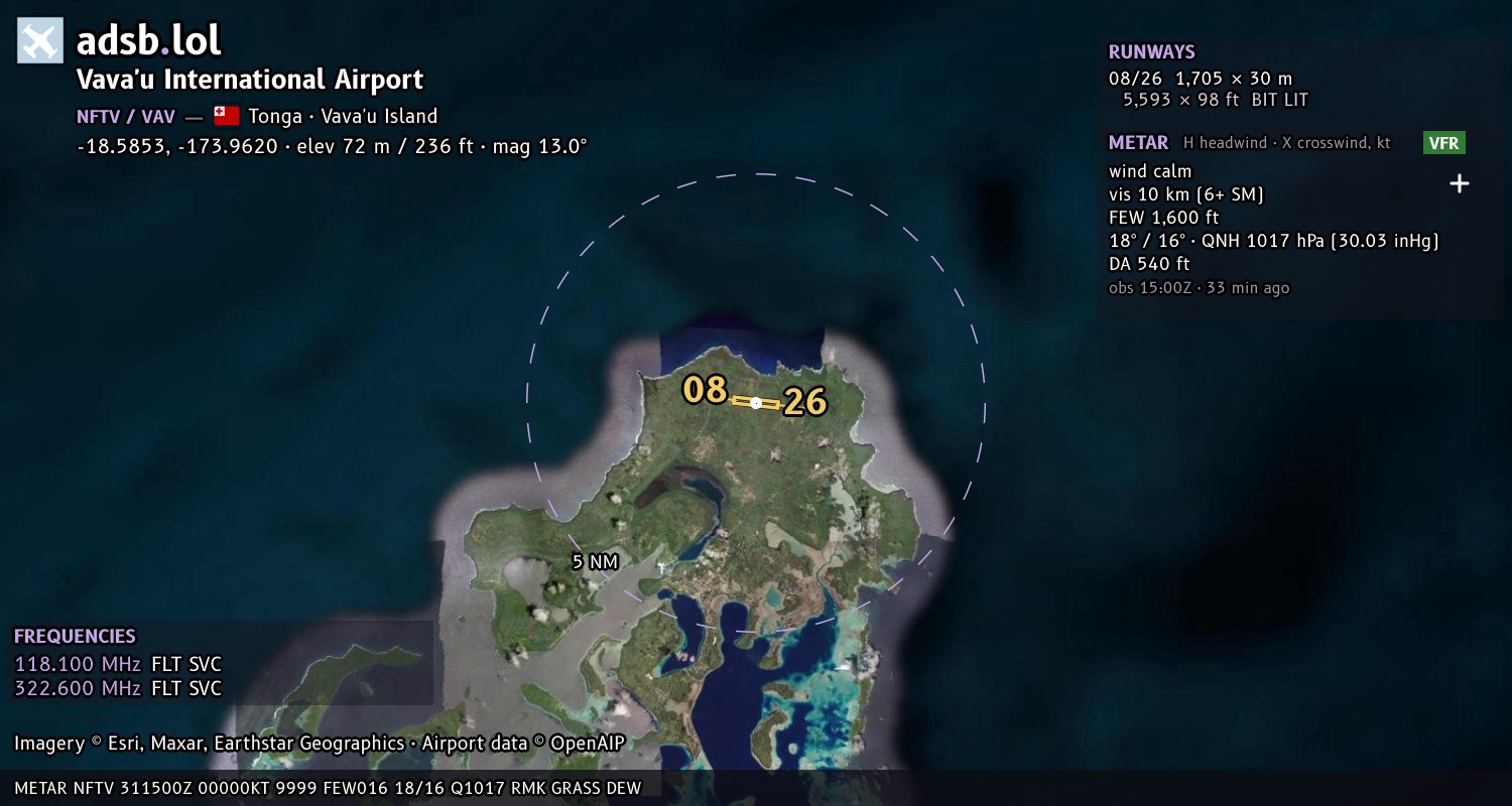 Satellite map with the runway layout of Vava'u International Airport (NFTV)