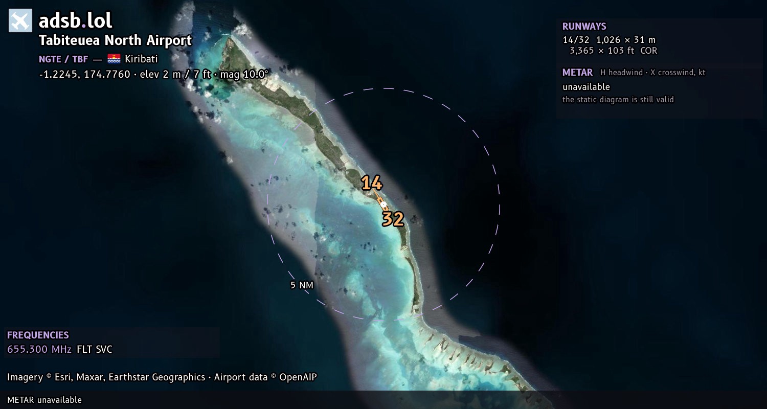Satellite map with the runway layout of Tabiteuea North Airport (NGTE)
