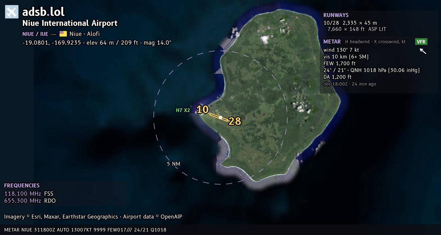 Satellite map with the runway layout of Niue International Airport (NIUE)
