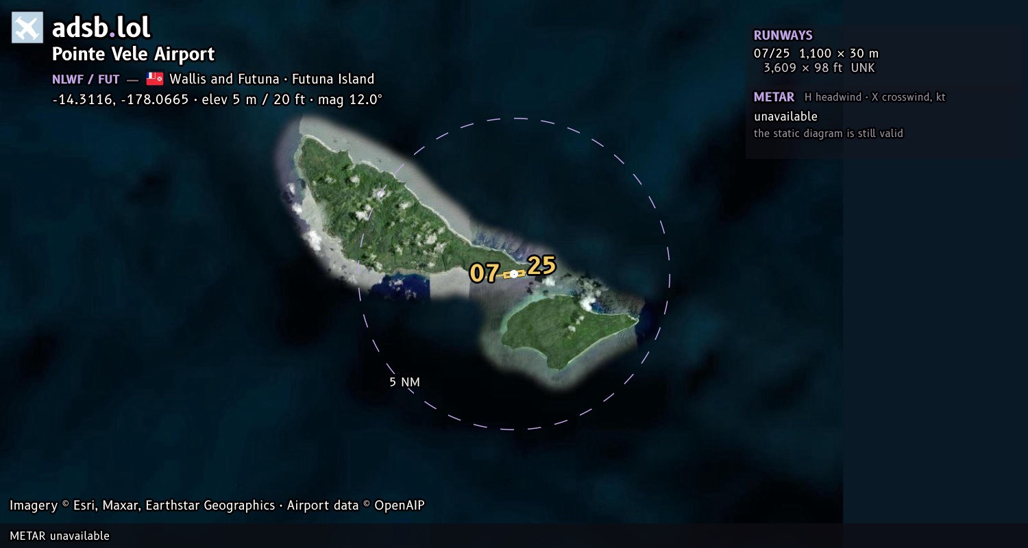 Satellite map with the runway layout of Pointe Vele Airport (NLWF)