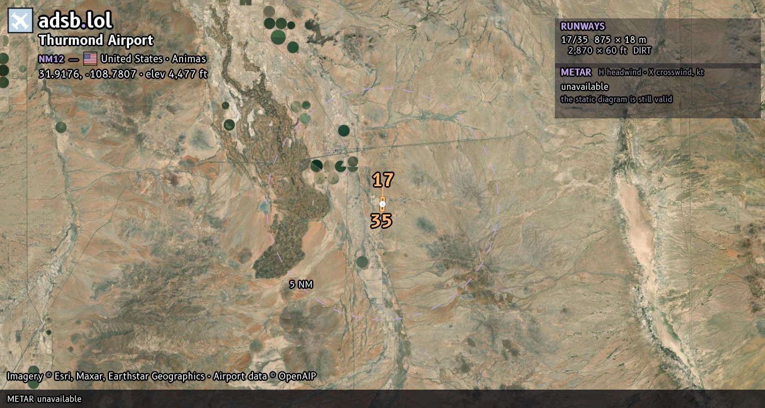Satellite map with the runway layout of Thurmond Airport (NM12)