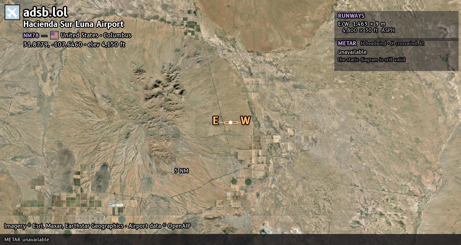 Satellite map with the runway layout of Hacienda Sur Luna Airport (NM78)