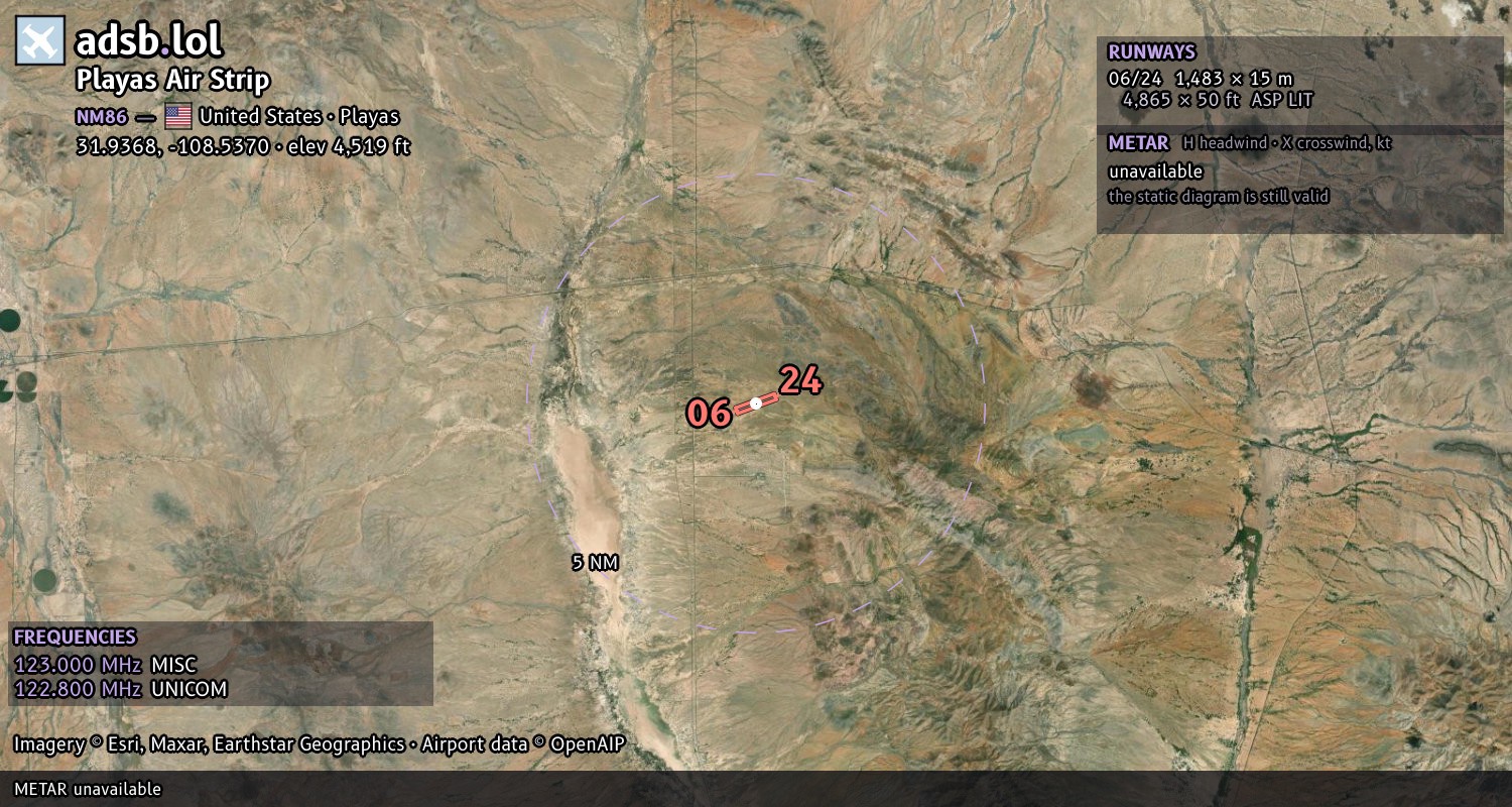 Satellite map with the runway layout of Playas Air Strip (NM86)