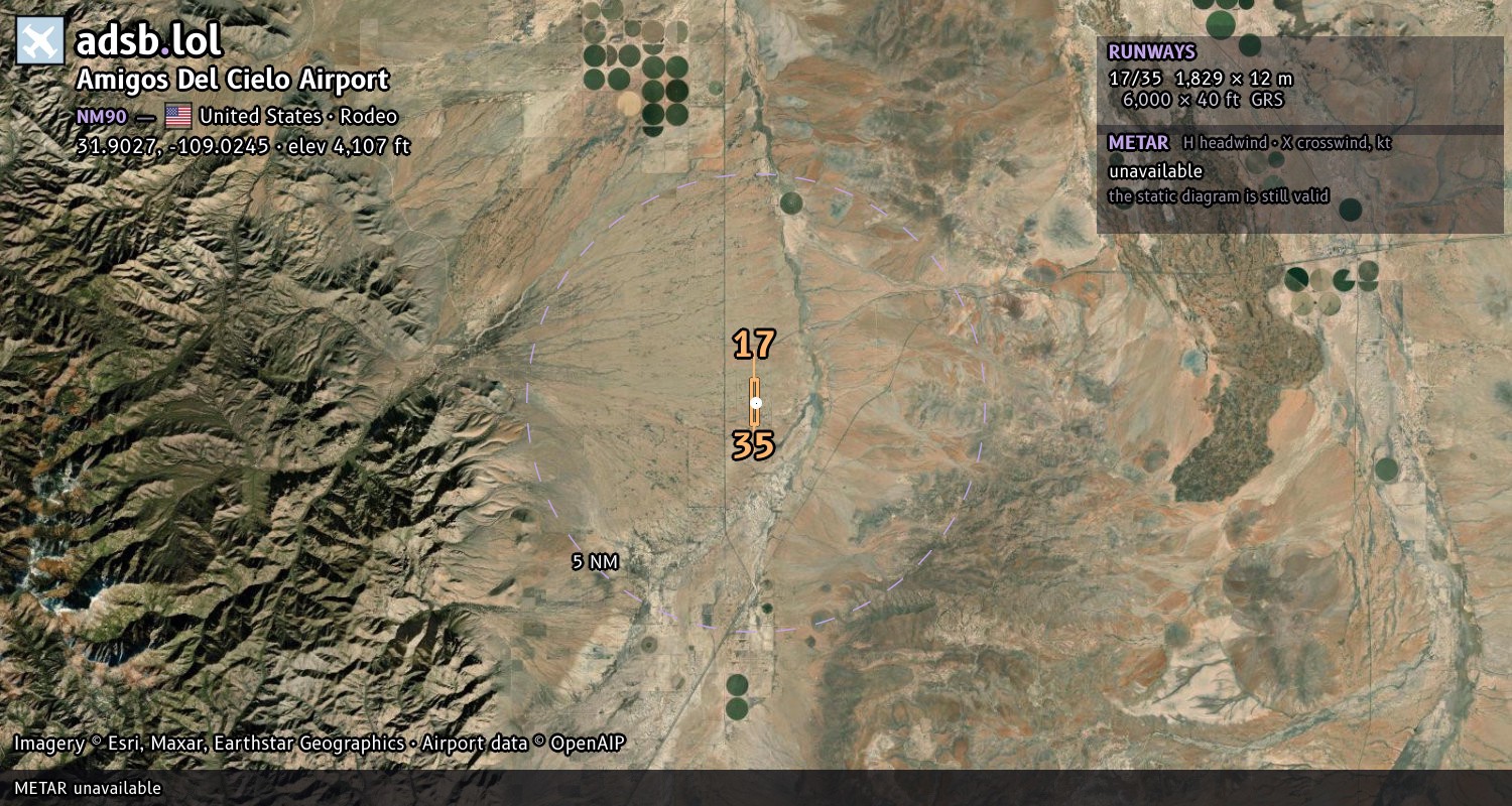 Satellite map with the runway layout of Amigos Del Cielo Airport (NM90)