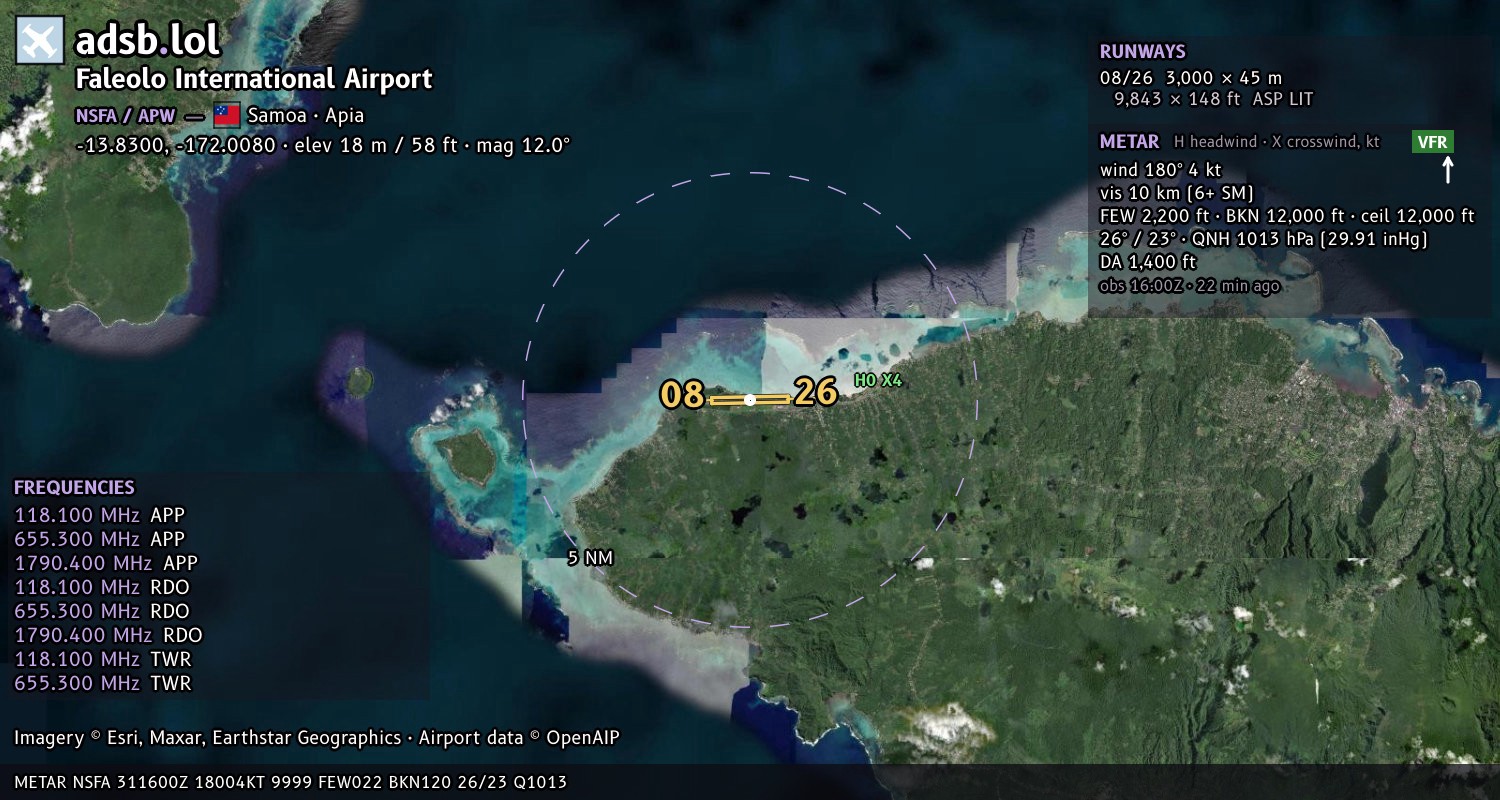 Satellite map with the runway layout of Faleolo International Airport (NSFA)