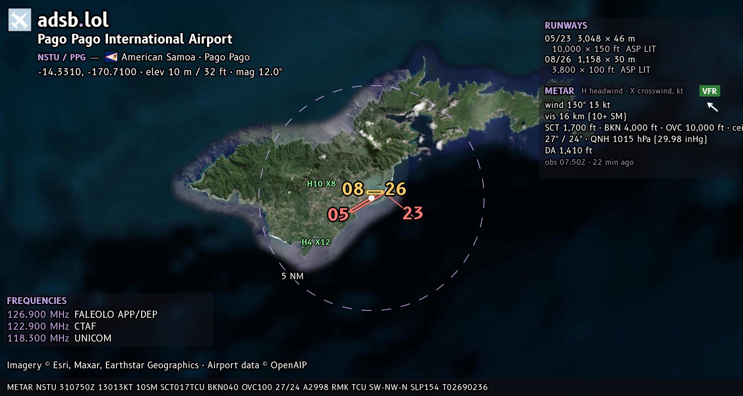 Satellite map with the runway layout of Pago Pago International Airport (NSTU)