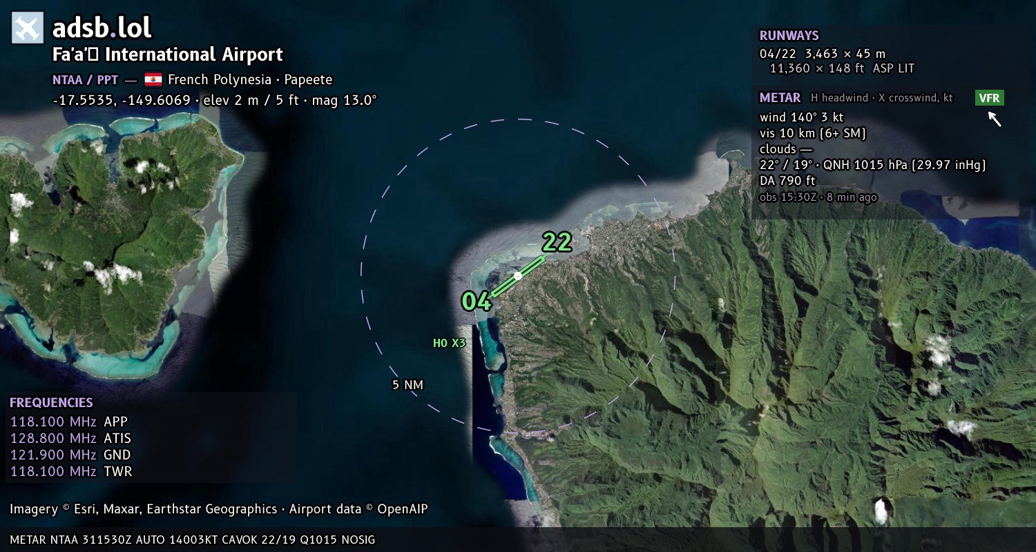 Satellite map with the runway layout of Fa'a'ā International Airport (NTAA)