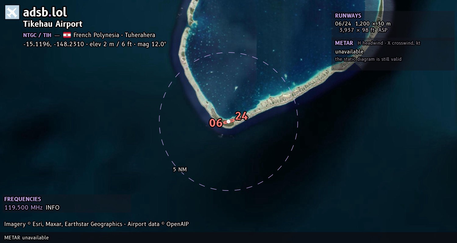 Satellite map with the runway layout of Tikehau Airport (NTGC)