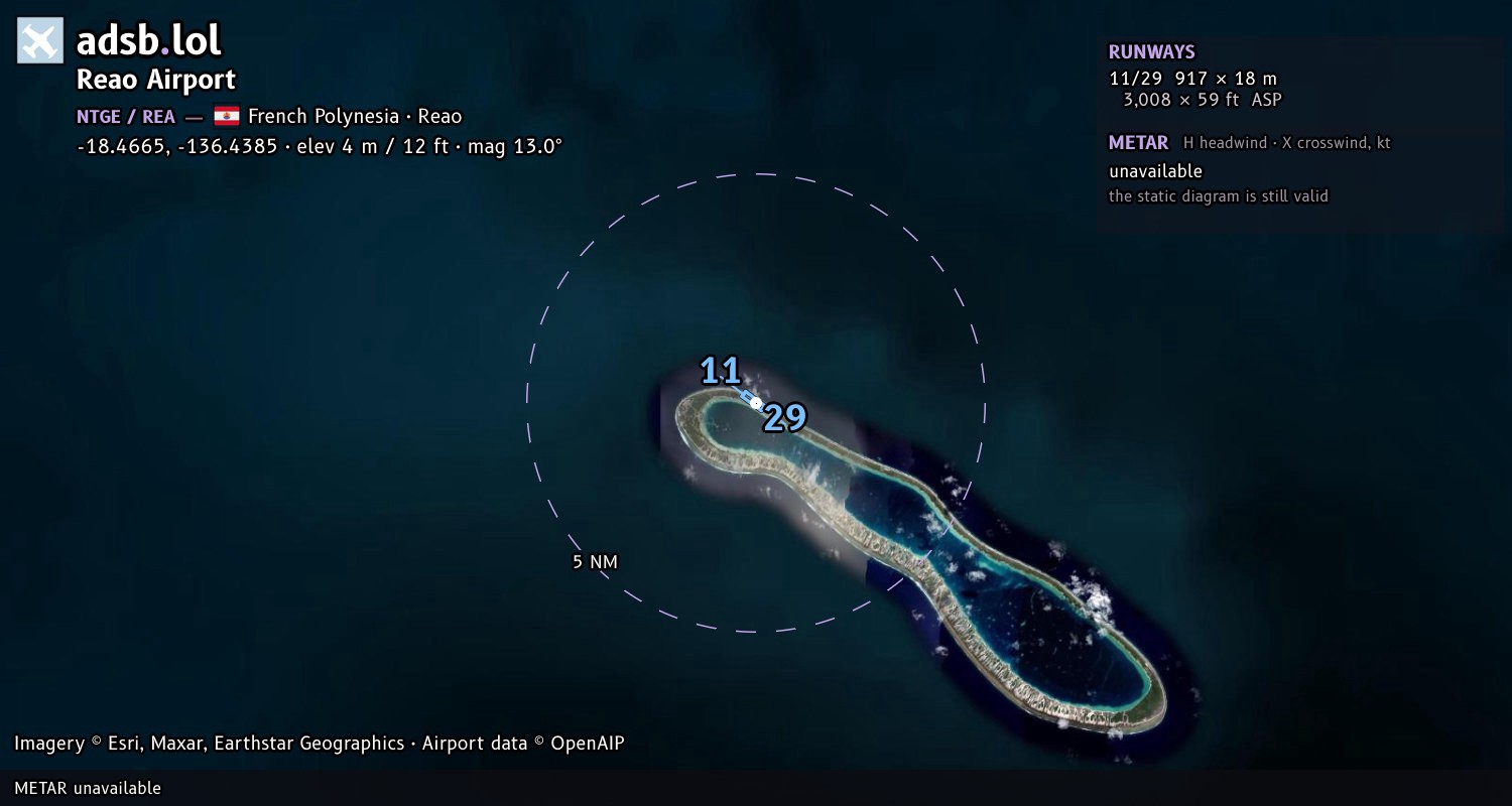 Satellite map with the runway layout of Reao Airport (NTGE)