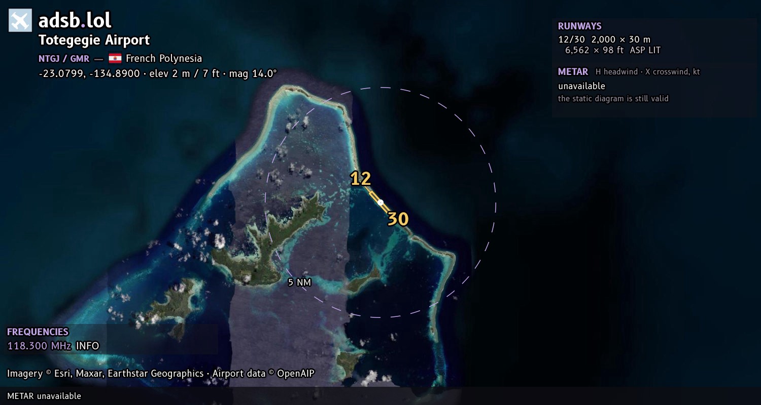 Satellite map with the runway layout of Totegegie Airport (NTGJ)