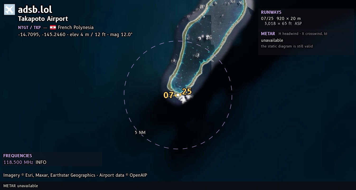 Satellite map with the runway layout of Takapoto Airport (NTGT)