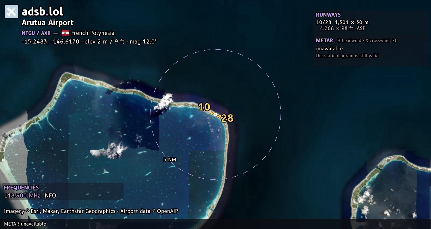 Satellite map with the runway layout of Arutua Airport (NTGU)