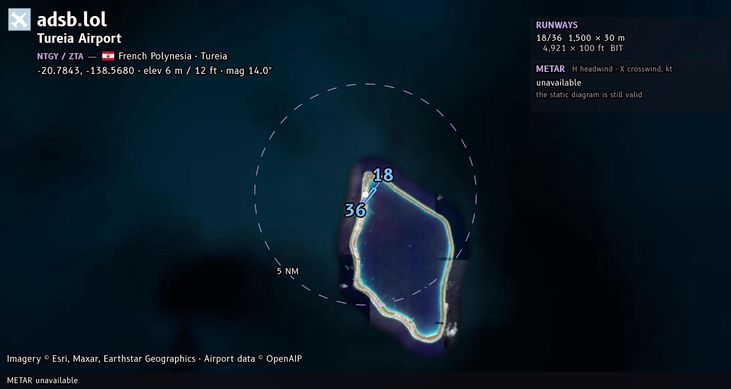 Satellite map with the runway layout of Tureia Airport (NTGY)