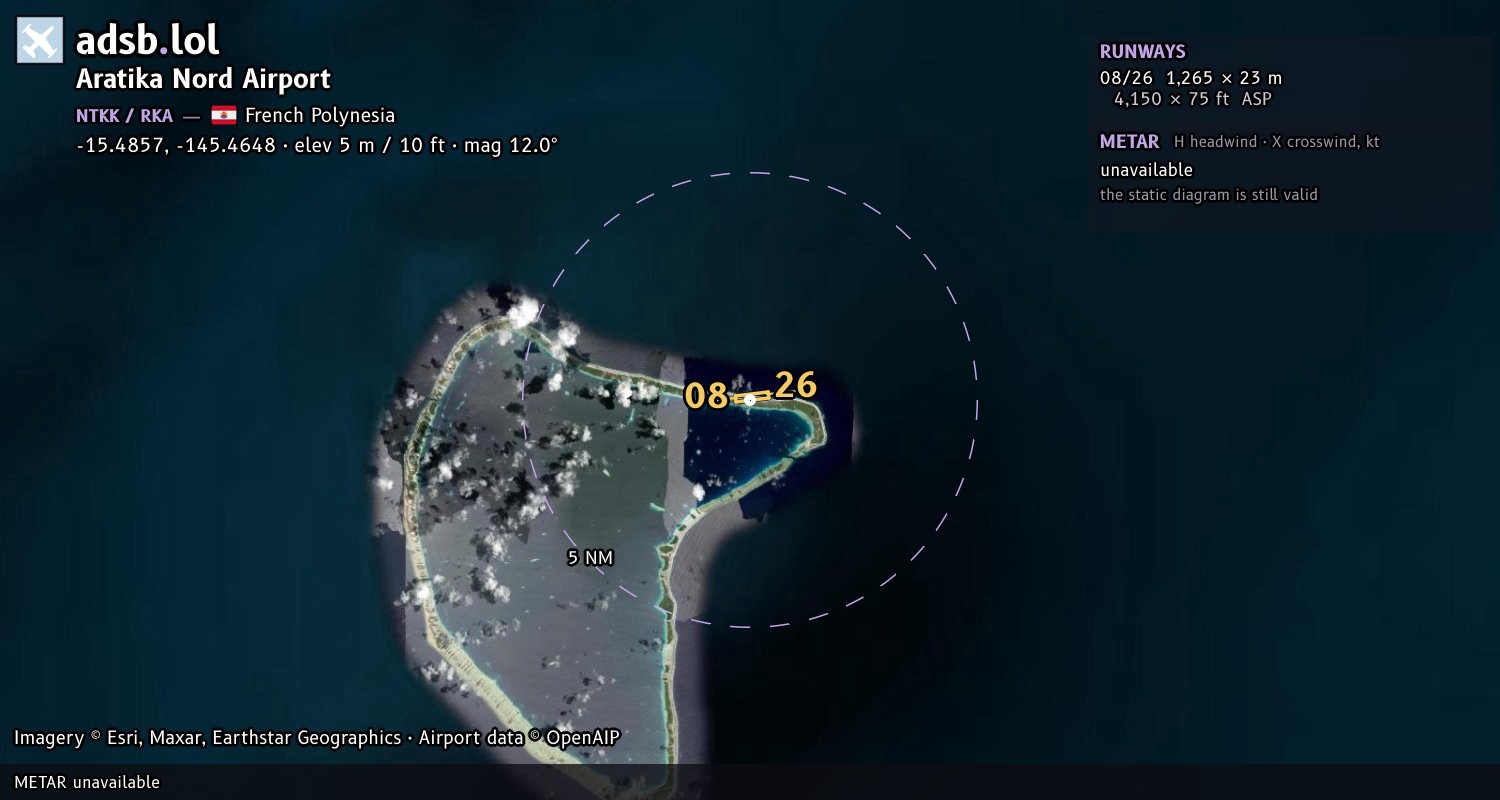 Satellite map with the runway layout of Aratika Nord Airport (NTKK)