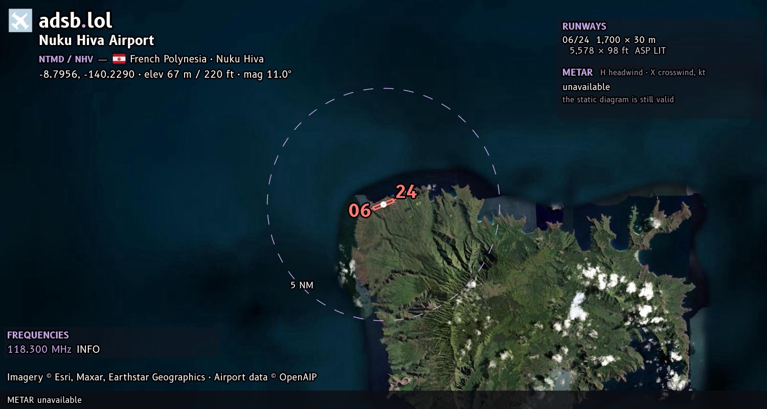 Satellite map with the runway layout of Nuku Hiva Airport (NTMD)