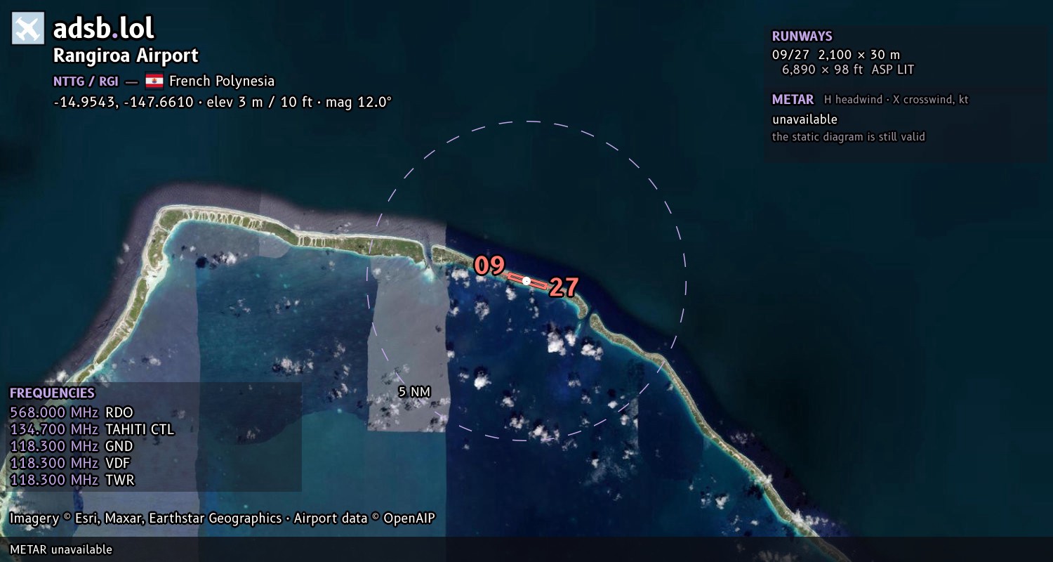 Satellite map with the runway layout of Rangiroa Airport (NTTG)