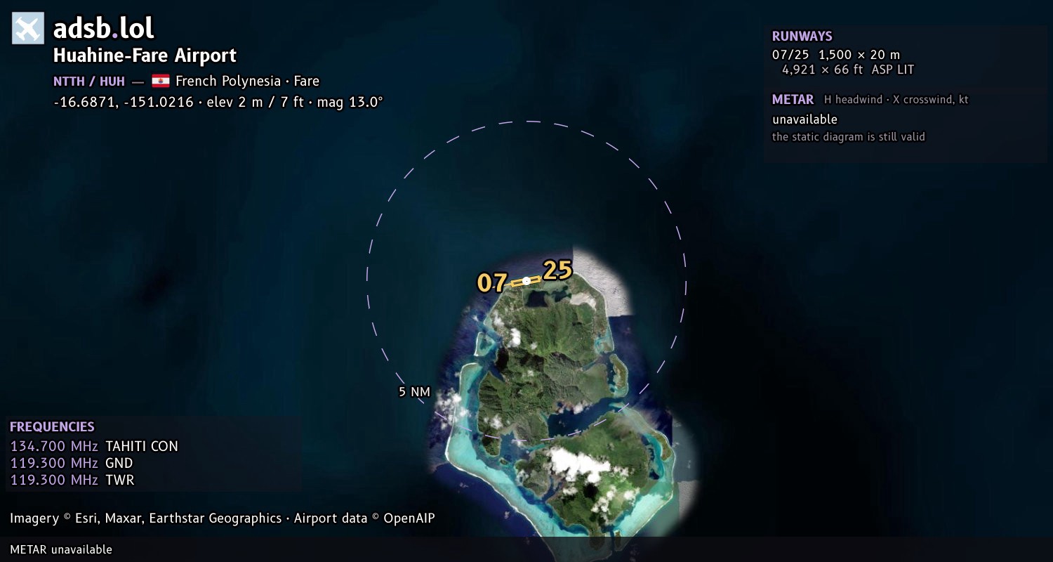 Satellite map with the runway layout of Huahine-Fare Airport (NTTH)
