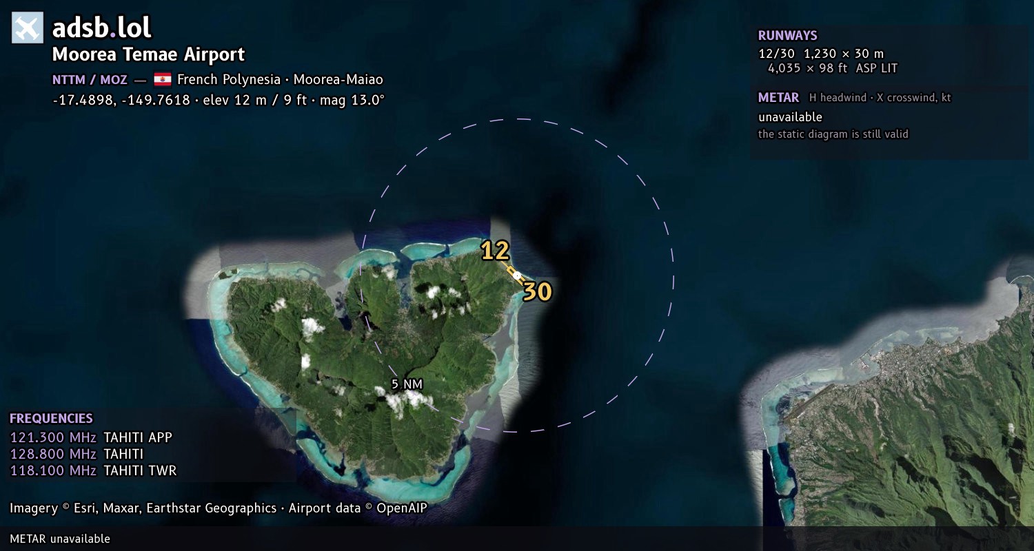 Satellite map with the runway layout of Moorea Temae Airport (NTTM)