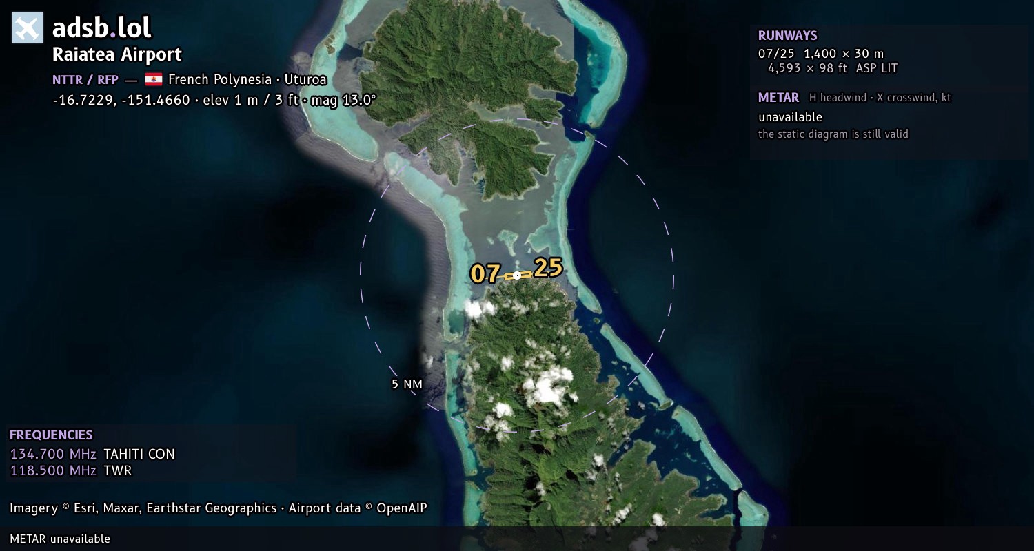 Satellite map with the runway layout of Raiatea Airport (NTTR)