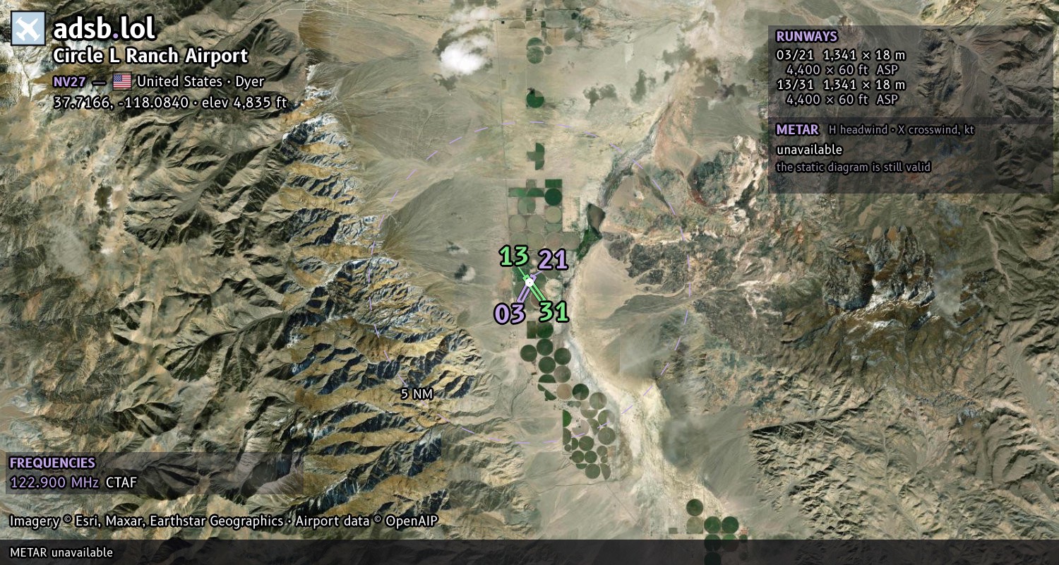 Satellite map with the runway layout of Circle L Ranch Airport (NV27)