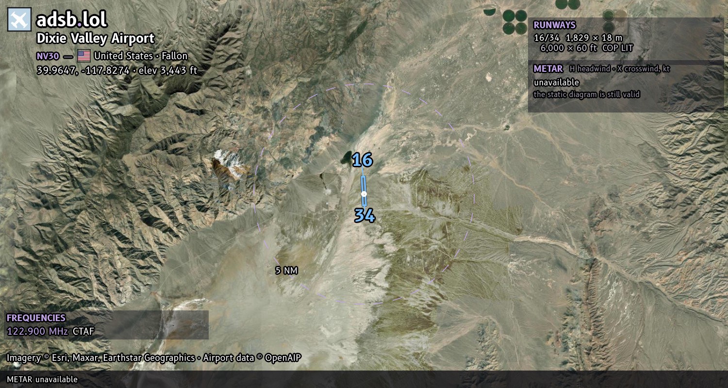 Satellite map with the runway layout of Dixie Valley Airport (NV30)