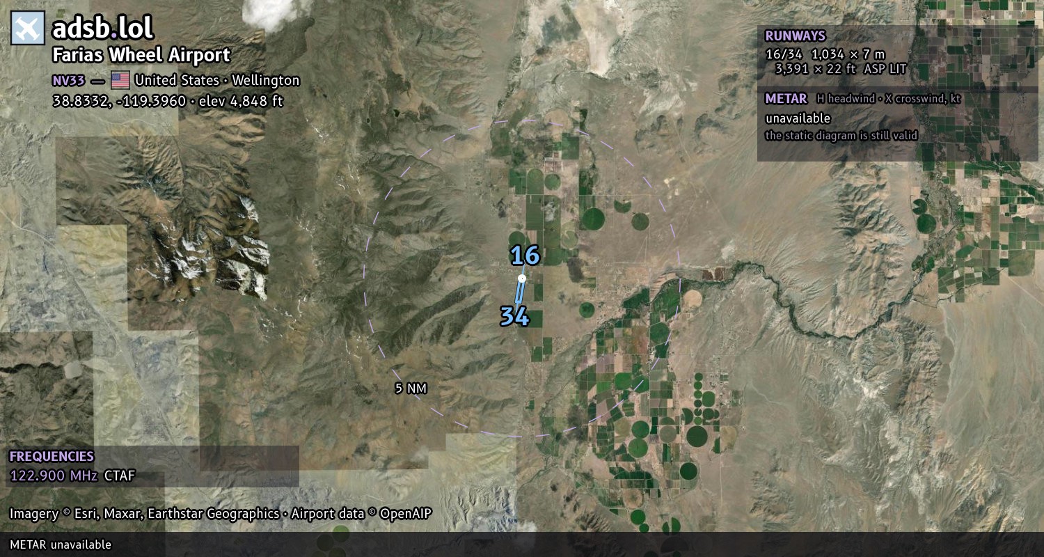 Satellite map with the runway layout of Farias Wheel Airport (NV33)