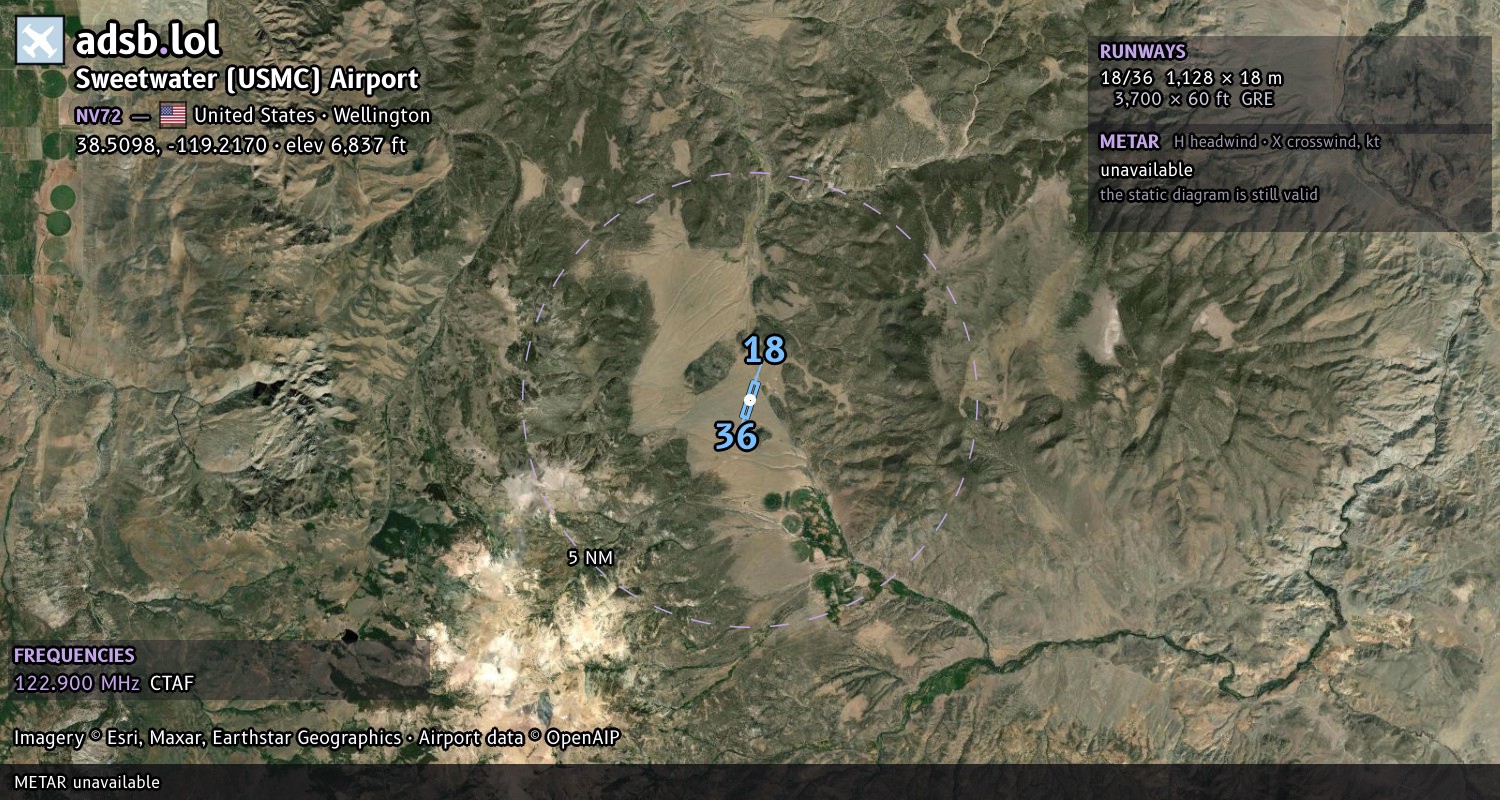 Satellite map with the runway layout of Sweetwater (USMC) Airport (NV72)