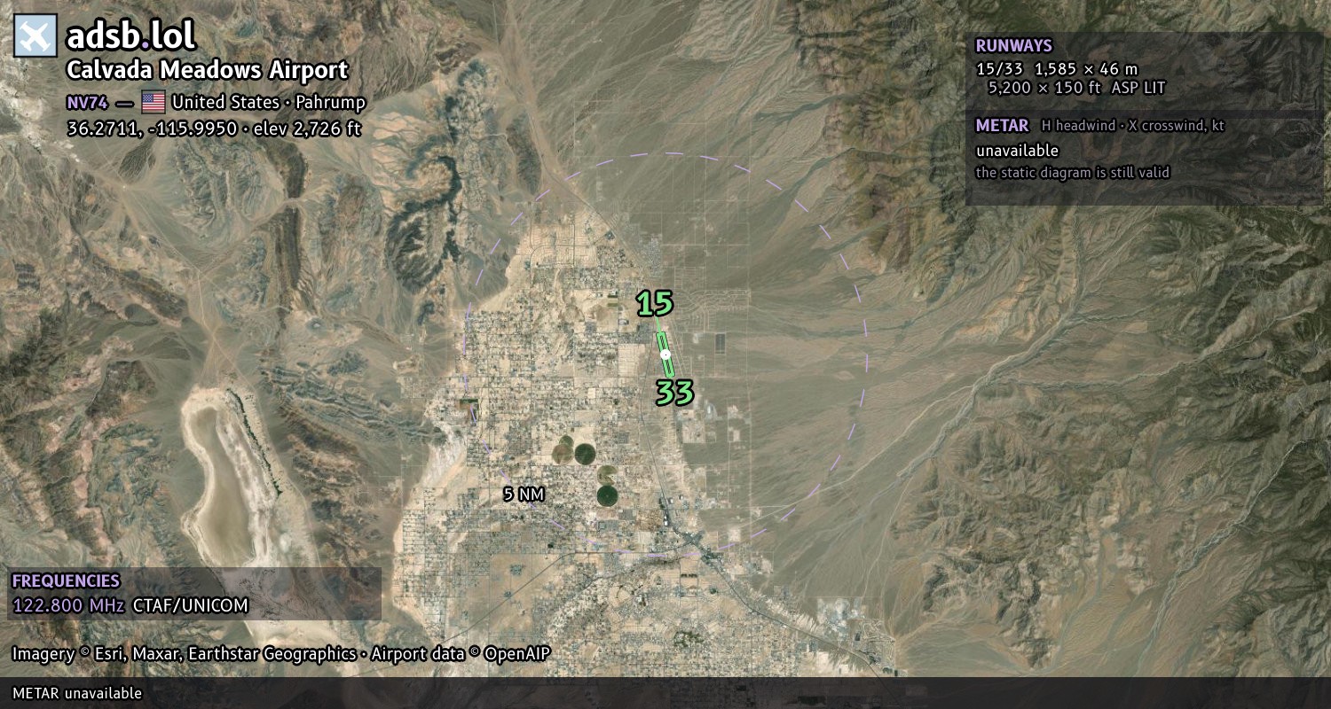 Satellite map with the runway layout of Calvada Meadows Airport (NV74)