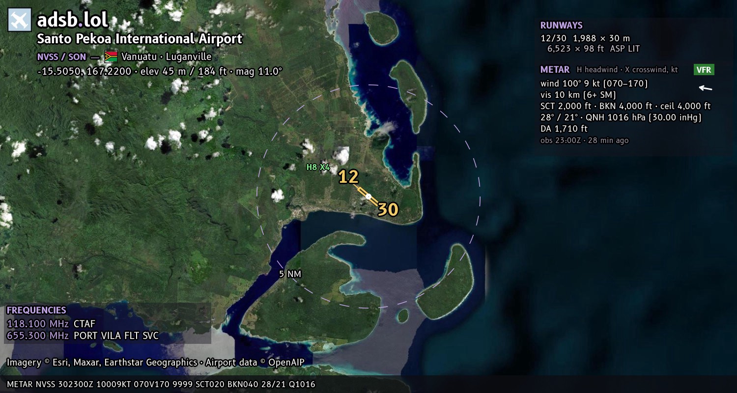 Satellite map with the runway layout of Santo Pekoa International Airport (NVSS)