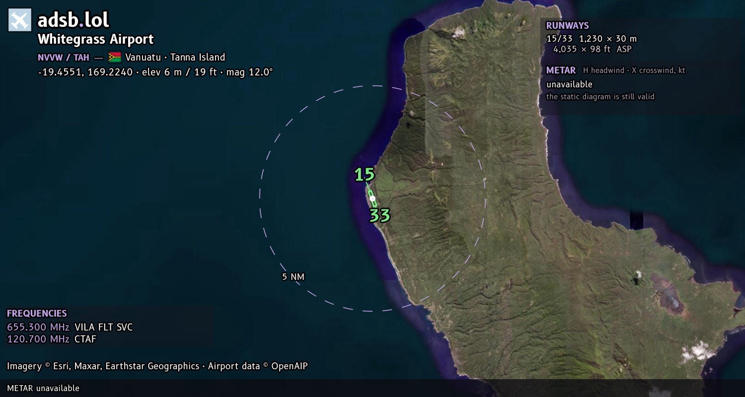 Satellite map with the runway layout of Whitegrass Airport (NVVW)