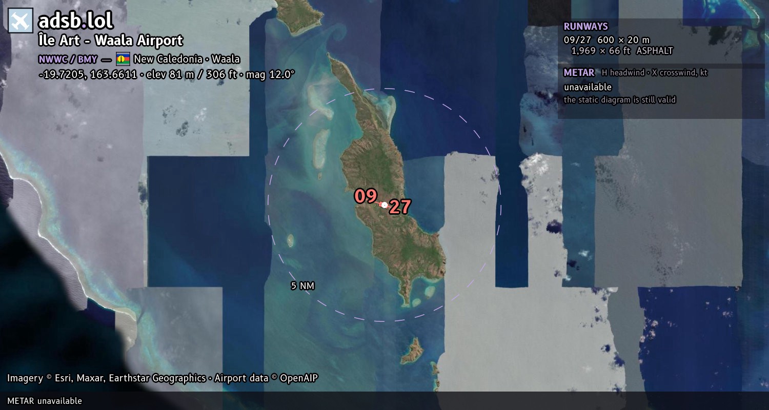Satellite map with the runway layout of Île Art - Waala Airport (NWWC)