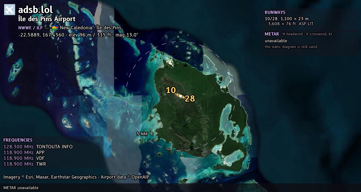 Satellite map with the runway layout of Île des Pins Airport (NWWE)