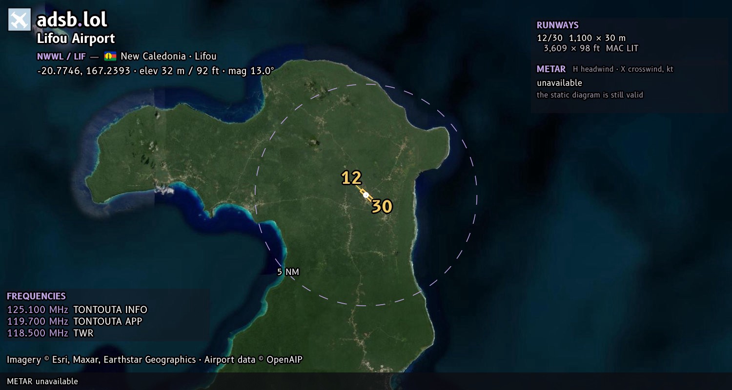Satellite map with the runway layout of Lifou Airport (NWWL)