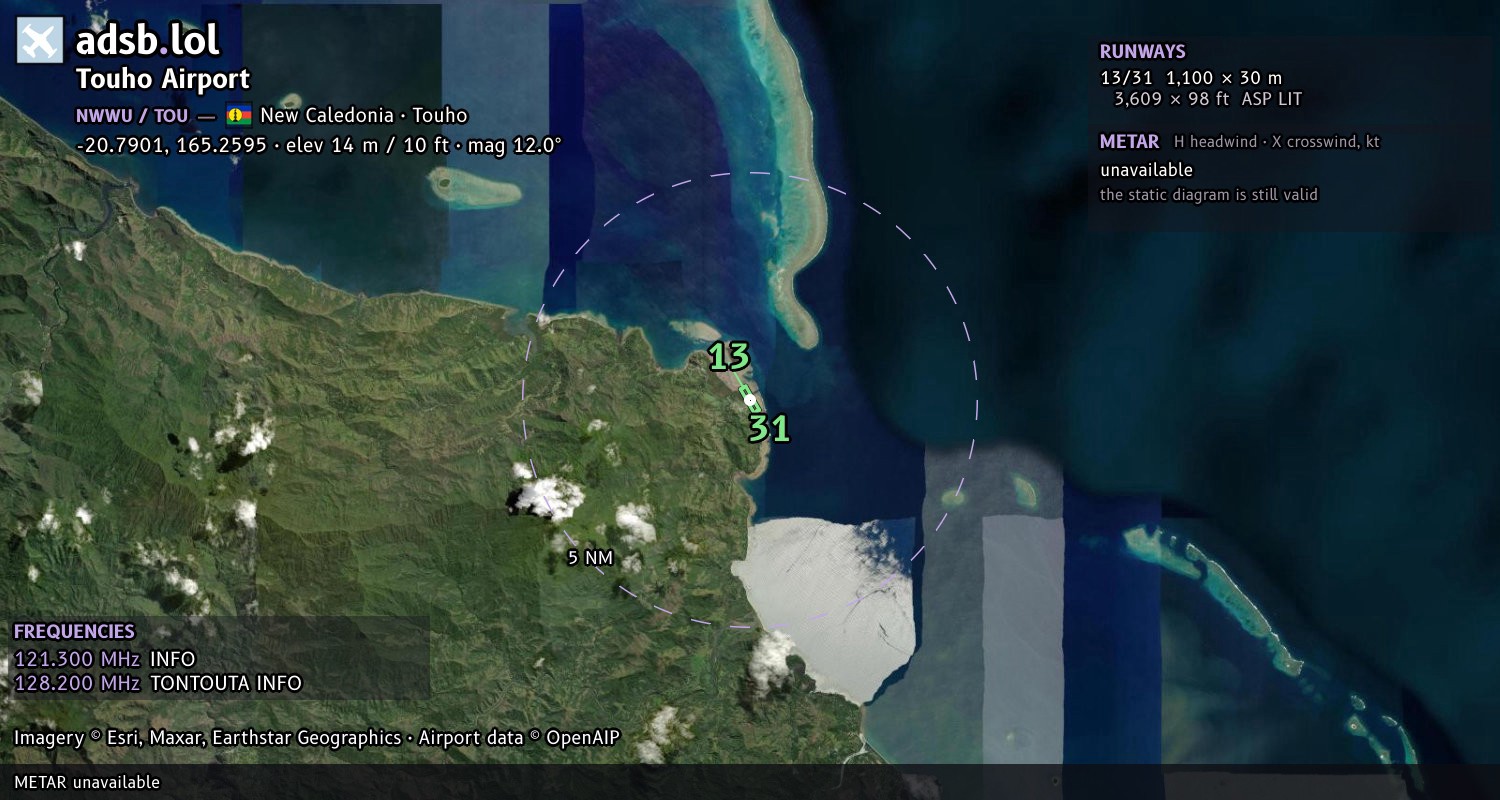Satellite map with the runway layout of Touho Airport (NWWU)