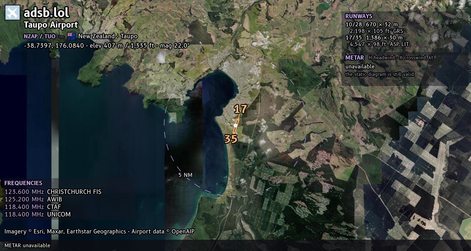 Satellite map with the runway layout of Taupo Airport (NZAP)