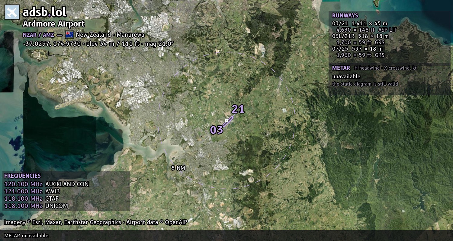 Satellite map with the runway layout of Ardmore Airport (NZAR)