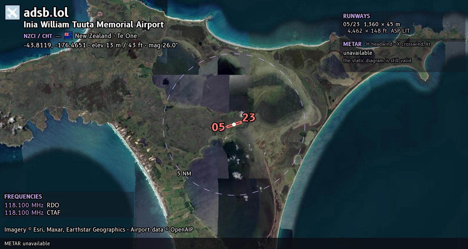 Satellite map with the runway layout of Inia William Tuuta Memorial Airport (NZCI)