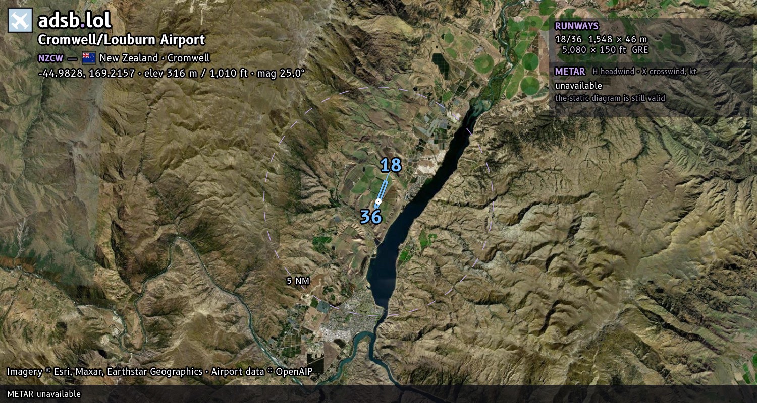 Satellite map with the runway layout of Cromwell/Louburn Airport (NZCW)