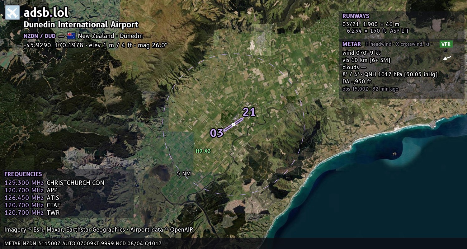 Satellite map with the runway layout of Dunedin International Airport (NZDN)