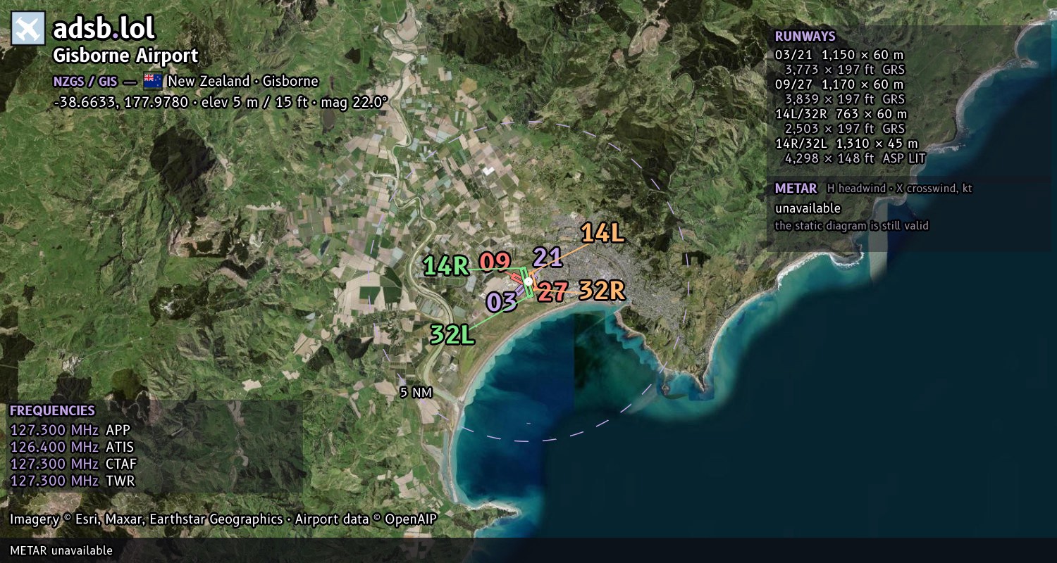 Satellite map with the runway layout of Gisborne Airport (NZGS)